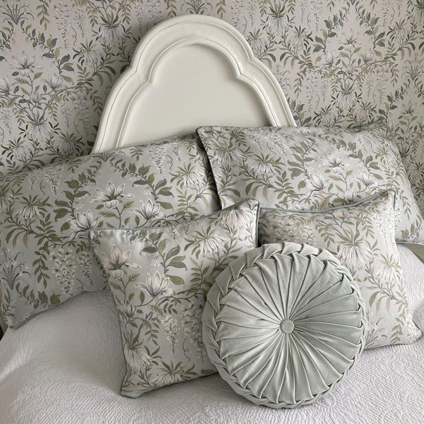 Laura Ashley Wisteria Duck Egg Floral Cushion Cover – 18x18 Handmade Cotton Linen Blend