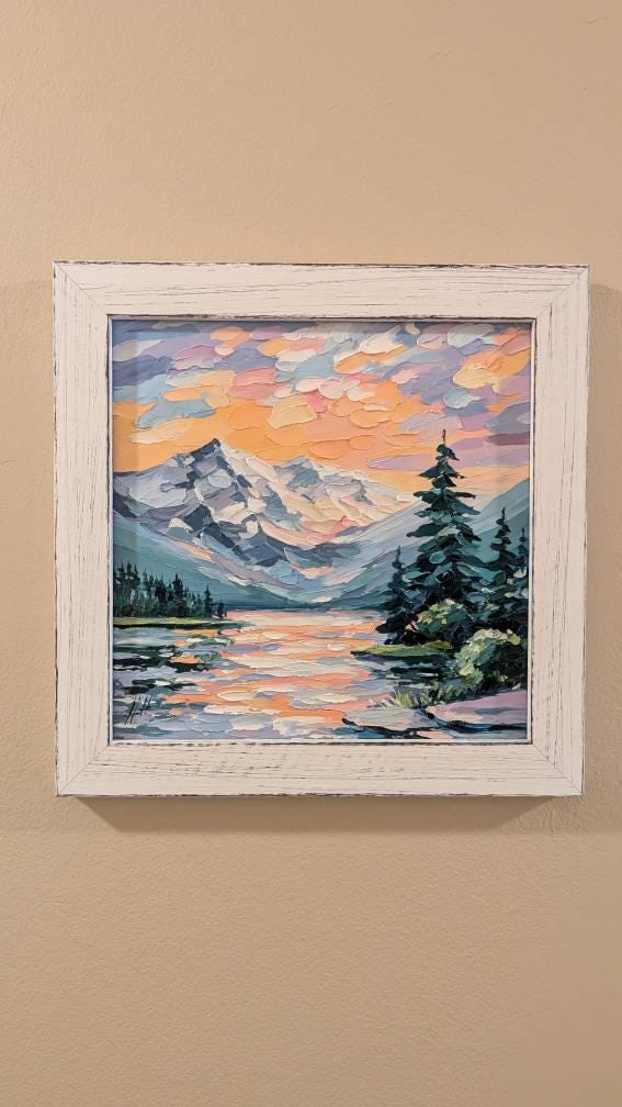 Buyer photo of Mountain Lake at Sunset Oil Painting, Impasto Palette Knife Landscape, Origin...