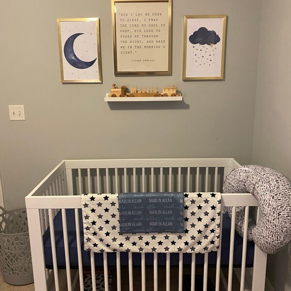 Navy Nursery Decor, Cloud and Stars, Moon and Stars, Navy Gold Nursery ...
