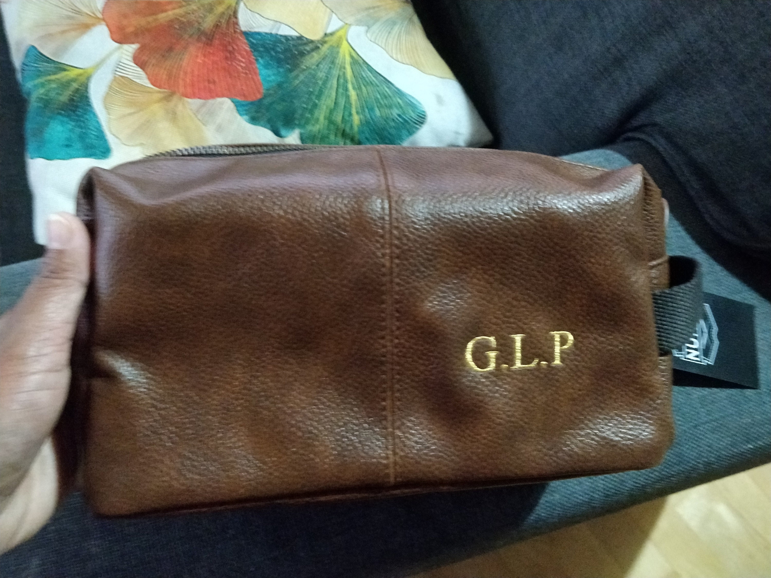 Personalised Embroidered Mens Leather Wash Bag with Strap Black or Brown - Mens Vegan Leather Toilet Bag Embroidered with Initials