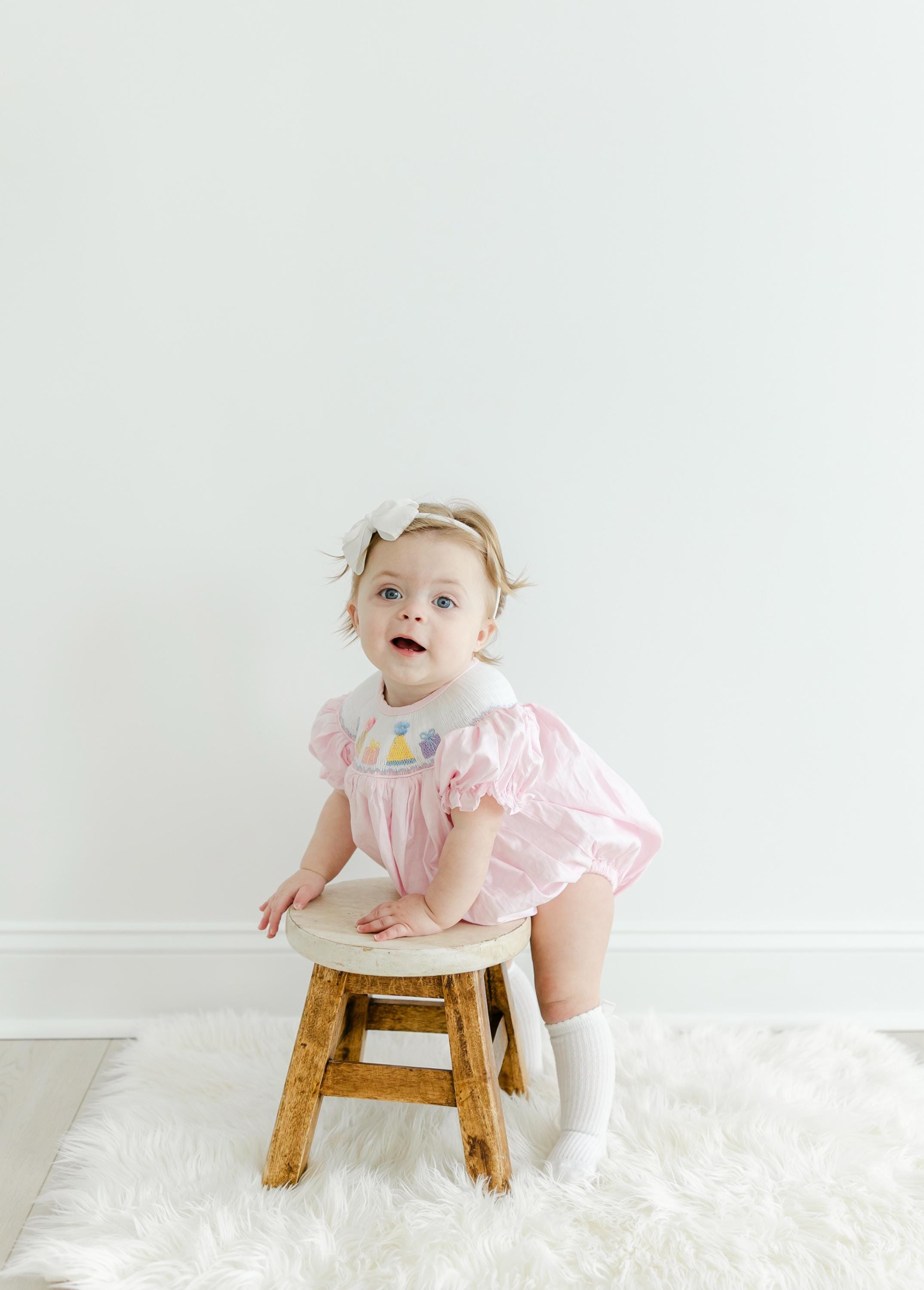 Birthday Smocked Bubble Romper in Pink - Birthday party outfit, Baby girl, Heirloom, Vintage style, machine washable 519 *C