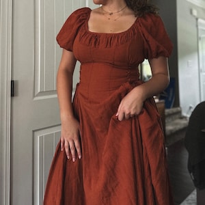 Vestido de lino de faja en rojo, vestido maxi de lino, vestido de cóctel,  vestido de manga abullonada, vestido ajustado y acampanado, vestido de los  años 50 / Linennaive -  México
