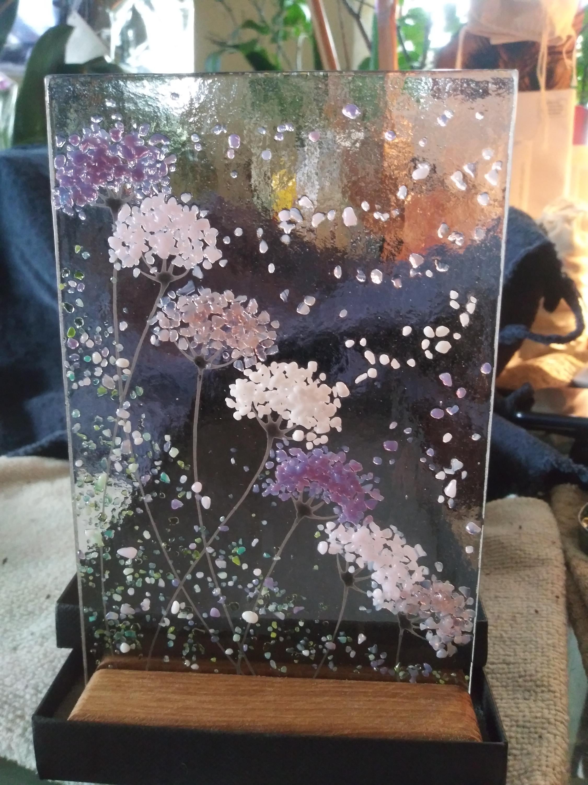 Whimsical Purple and pink mix Flowers fused glass Art Picture Sun Catcher & Wooden Display Stand
