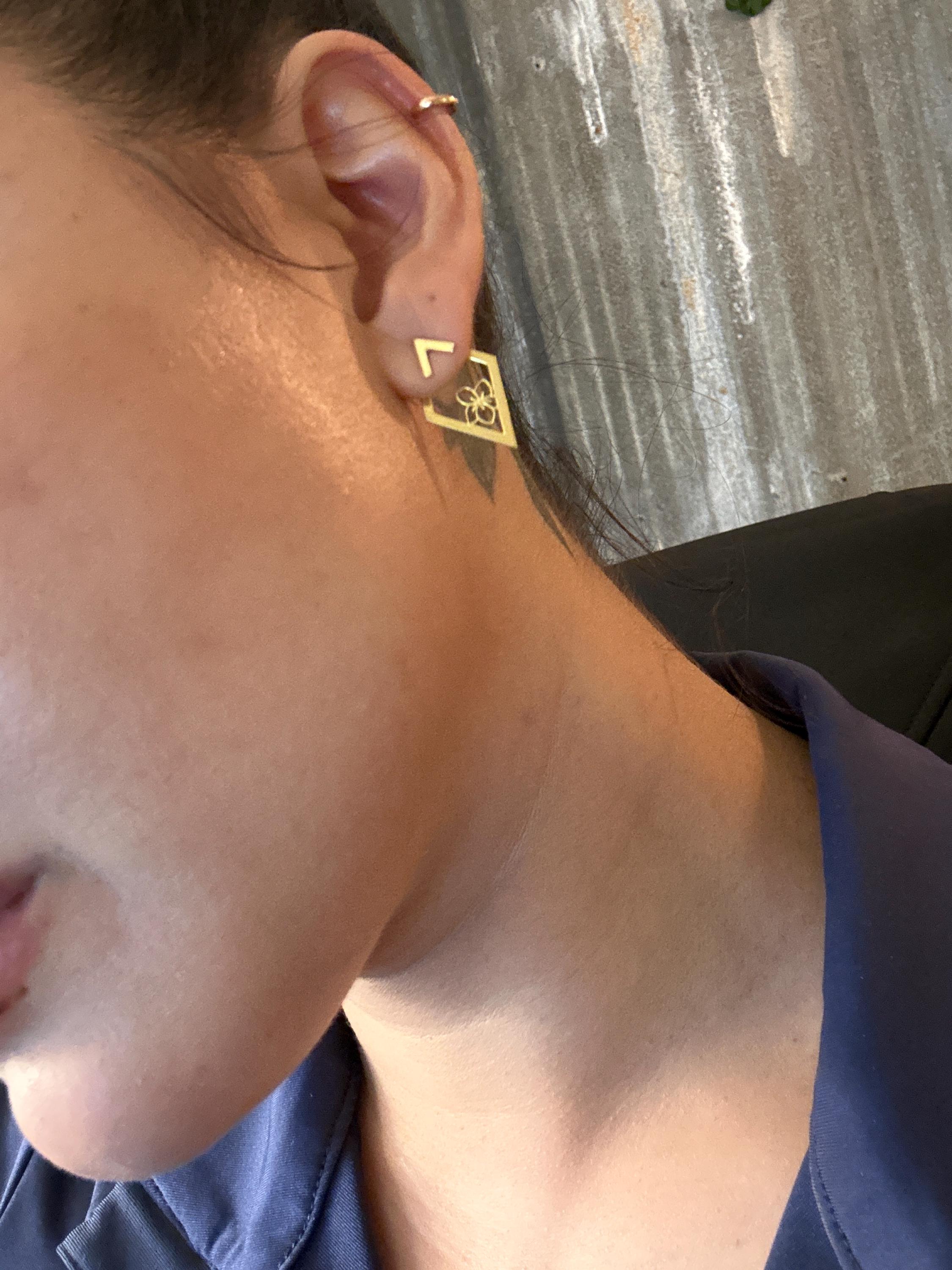 Ear Jacket Earrings, Birth Flower Ear Jacket Earrings, Custom Flower Earrings, Rhombus Earrings, Geometric Earrings With Birth Month Flower