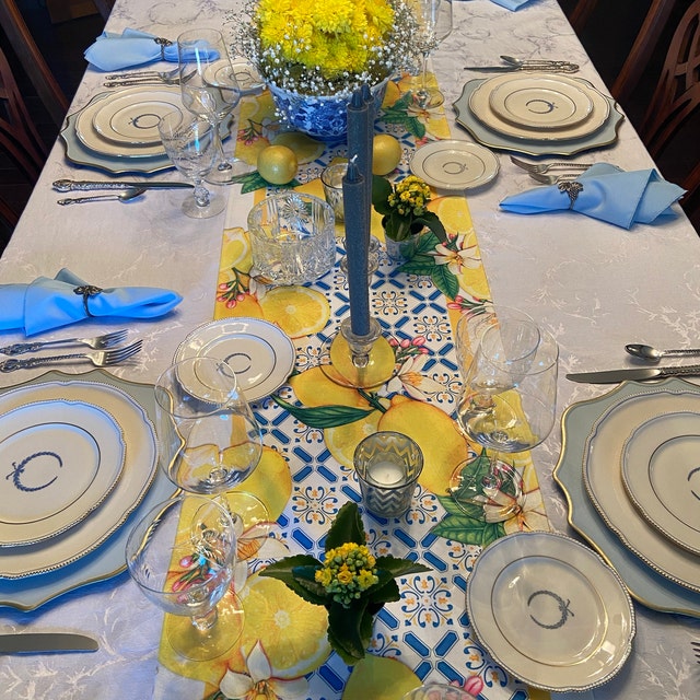 Chemin De Table Bleu Extérieur AnyDesign Chemin De Table Citron, Carreaux Bleus D'été, Citrons, Décoration De Table De Cuisine, De Salle à Manger, Nappe De Table Pour Intérieur Ou Extérieur, Fournitures De