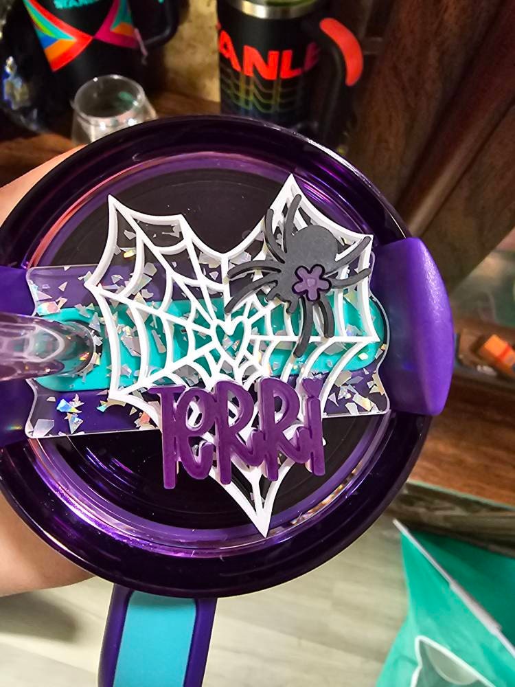 Halloween Tumbler Name Plate Spider Cup Name Tag Spider Net Tumbler Lid Accessory Pink Spooky Tumbler Straw Topper Lid Name Tag Straw Cover