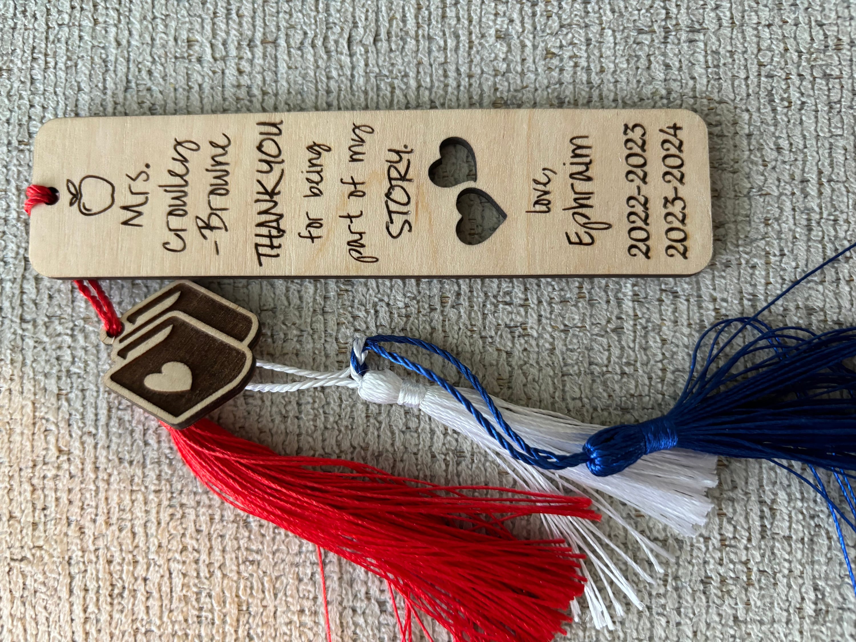 Teacher Appreciation Gift Personalized Thank You Wooden Engraved Bookmark with charm, gift boxed ready to give