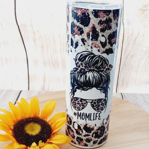 20 OZ Glitter Leopard Mom Life Messy Bun Skinny Tumbler Design ...
