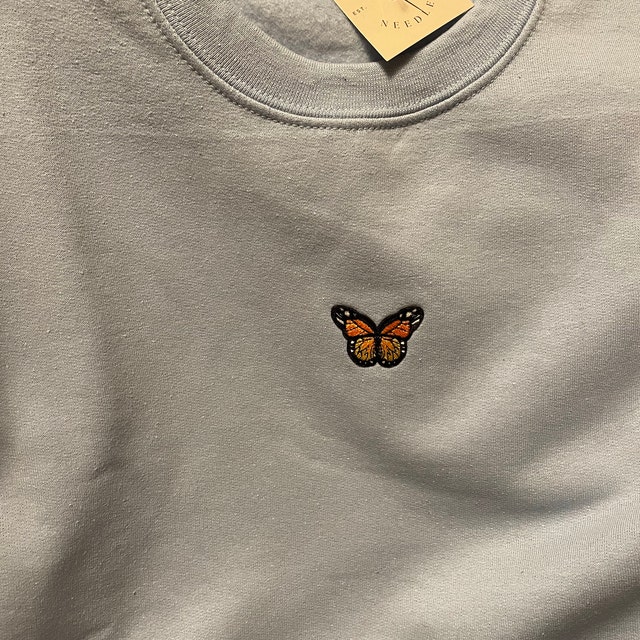 Brown Sweatshirt Embroidered Unisex Crewneck Butterflies 