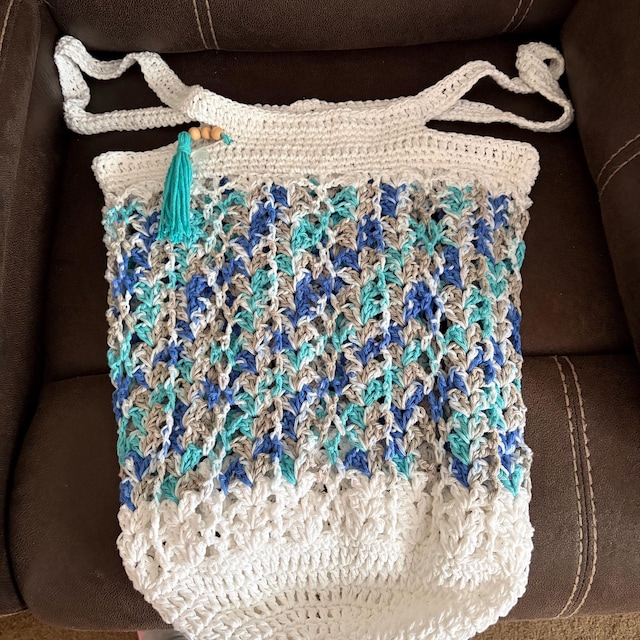 A customer's finished Willow Mesh Market Bag Crochet Pattern + Video Tutorial