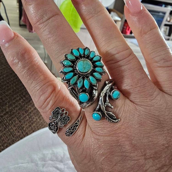Turquoise & Checkered Sunflower Ring