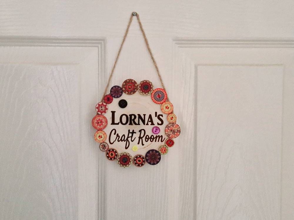 Personalised Room Name Logs Engraved Craft Room Plaque with Buttons Wooden Log Sign Hung with Twine Customised to your Words!