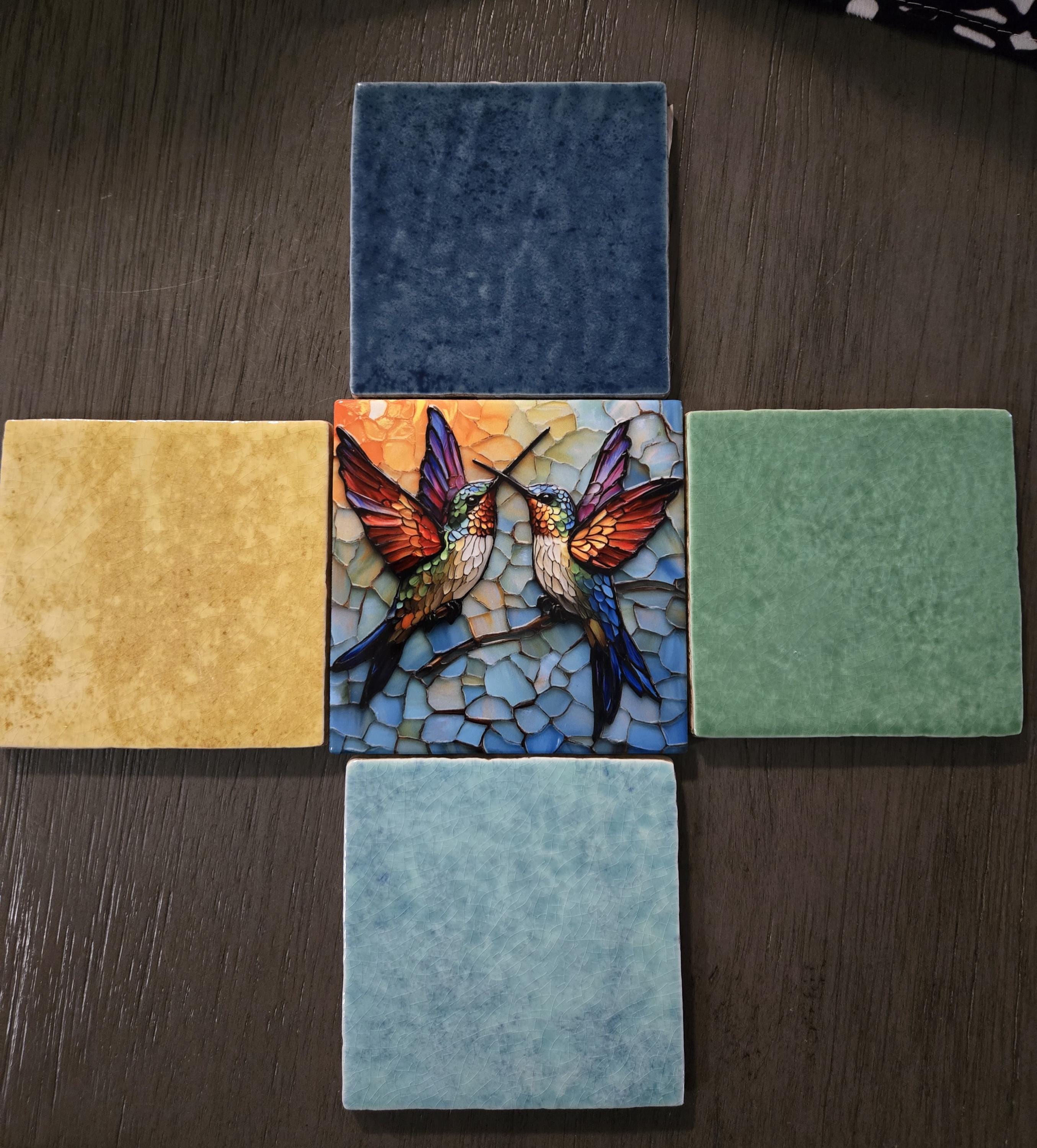 Hummingbirds Ceramic Art Tile Stained Glass Look Glossy Bookshelf Book Nook Wall Decor Gift for Her Christmas