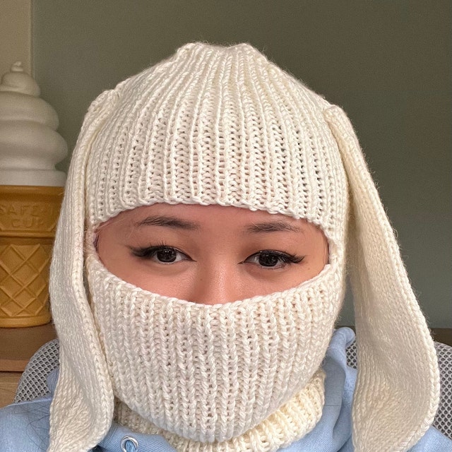 Adult Bunny Balaclava Hat Knitted Bunny Hood Rabbit Ear Hat Adult