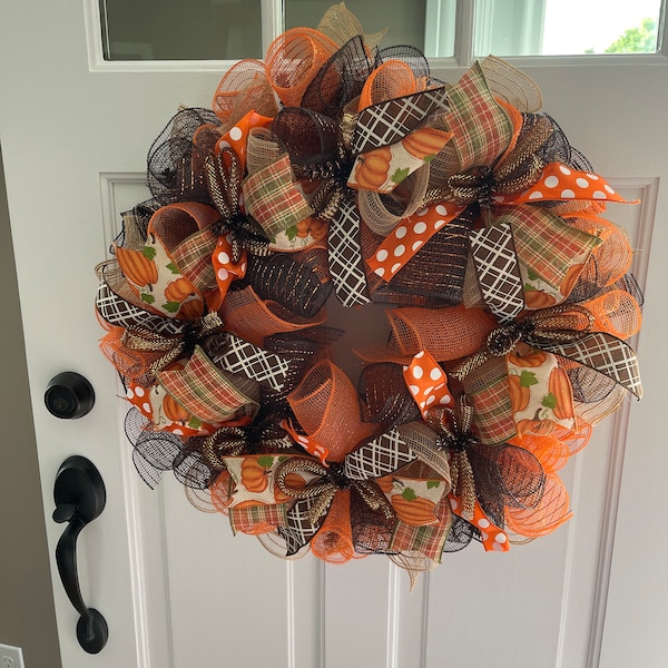 Fall Thanksgiving Mesh Front Door Wreath - Orange Brown Burlap Wreath ...