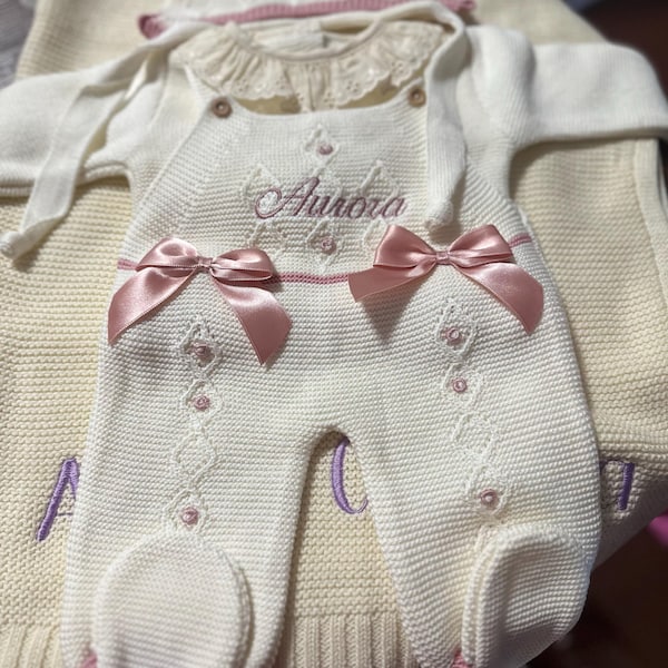 Petit Bebe Knits Girls Light Blue & White Polka Dot Knit Bloomer Set with Pink Bloomers