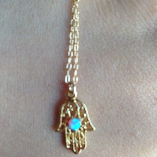 Opal hamsa necklace, gold Hamsa necklace, gold hand necklace, Delicate gold necklace, gold hand blue opal necklace, synthetic opal
