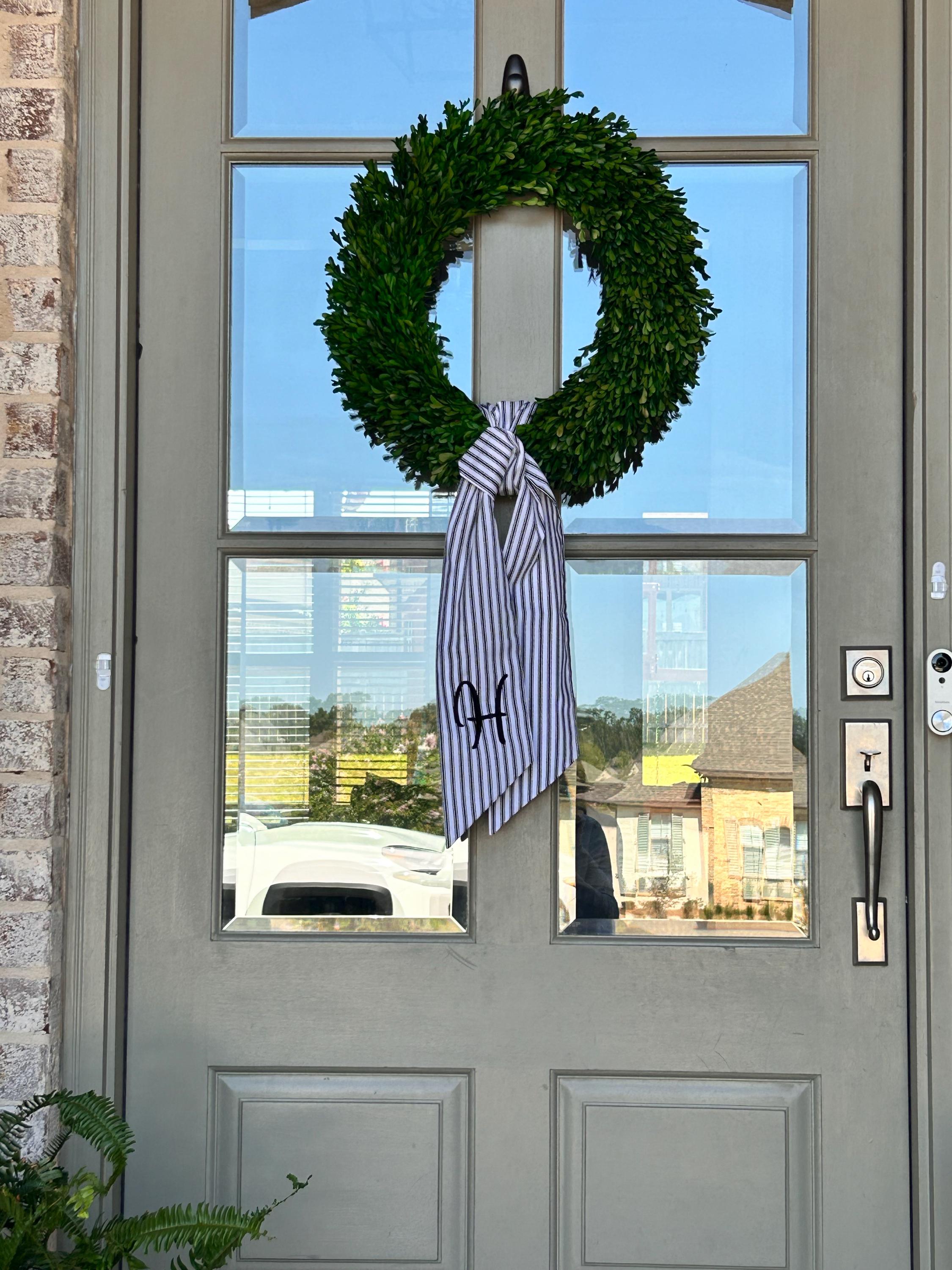 Personalized Black Ticking Stripe Wreath Sash for Front Door, Modern Farmhouse Decor, Striped Embroidered Scarf for Boxwood Wreath, Birthday Gift for Friend