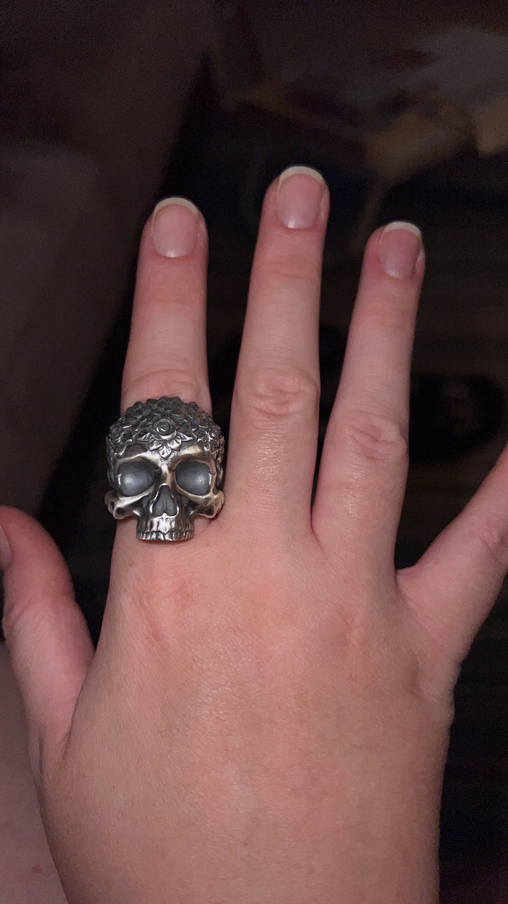 Personalized Skull Ring With Roses, Men Gift Ring, Men Biker Ring, Gothic Skeleton Ring Art, Halloween Skulls