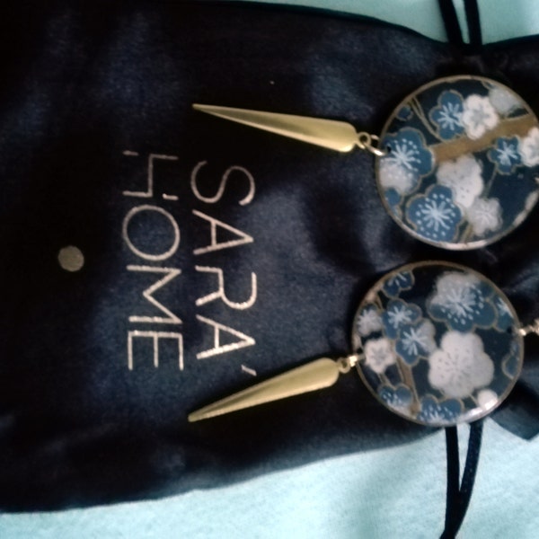 Boucles D'oreilles Clou Bleues - Perles & Fleur Washi Japonais - G.GAS ARTIST - Neuf Avec étiquettes - Élégant