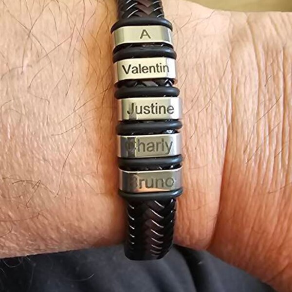 Personalized Men's Leather Bracelet With 1-8 Engraved Stainless Steel Beads - Custom Name ID Bracelet For Dad, Grandpa Gift