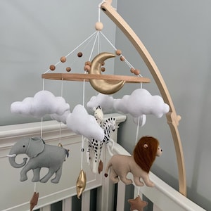 Flamingo Baby Mobile | safari neutral animals Africa nursery felt giraffe, lion and elephant crib moon and clouds babyshower gift