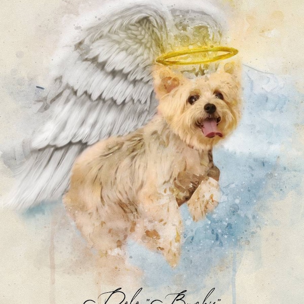 Pet Loss Memorial Portrait With Angel Wings and Halo,deceased Pet, Dog ...