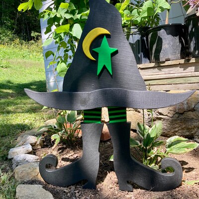 Halloween Yard Decor Wood Witch Hat With Legs on Metal Stakes Outdoor ...