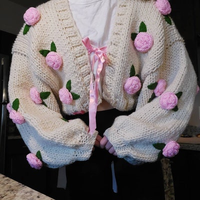 Pnkimera Pink Roses Cardigan Chunky Cropped Cardigan for Women White ...