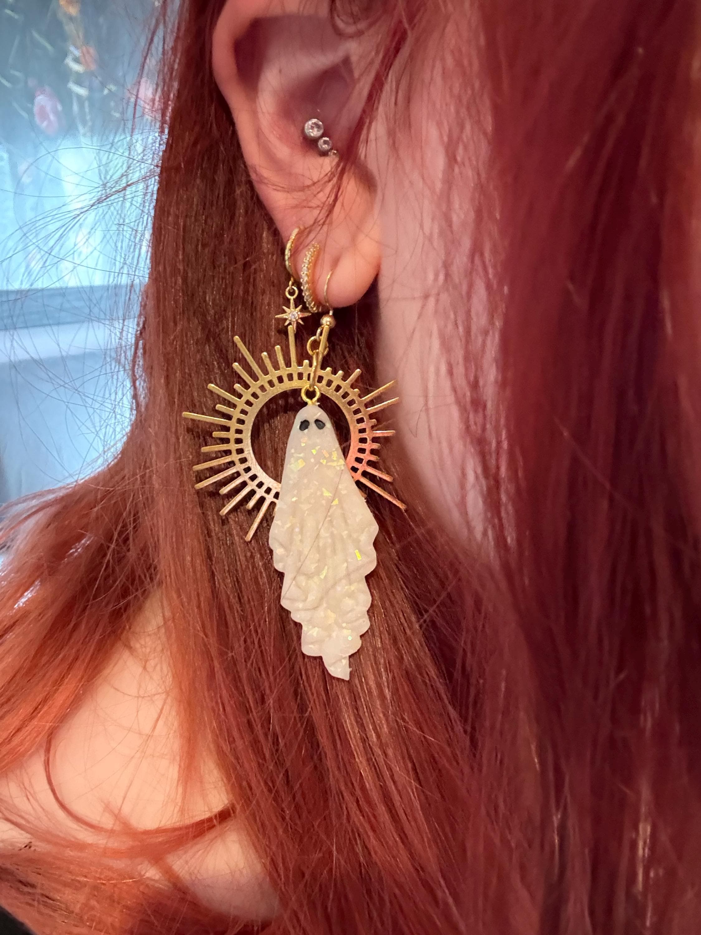 THE ORIGINAL Gold and opalescent ghost earrings | halloween | polymer clay | witchy | hypoallergenic