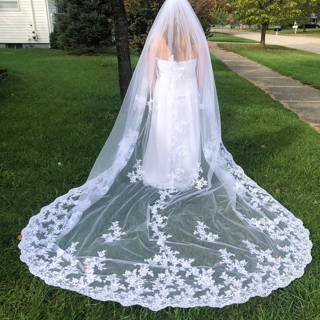 YAOLAN White Color Women Wedding Bridal Veils Appliques Lace Cathedral Veil  118X79 