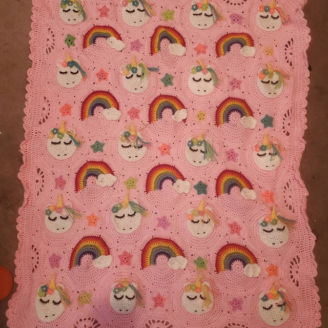 The Unicorn Utopia blanket I made for my sister! She's visiting so I had to  hurry and get it done. : r/crochet