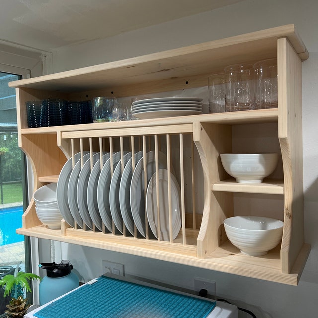 Under Cabinet Wood plate dish rack cabinet shelf kitchen plates unfinished  solid 3/4 pine wood