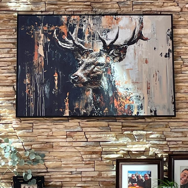 Abstract Stag Painting Print, Black Beige Canvas Wall Art, Deer Decor ...