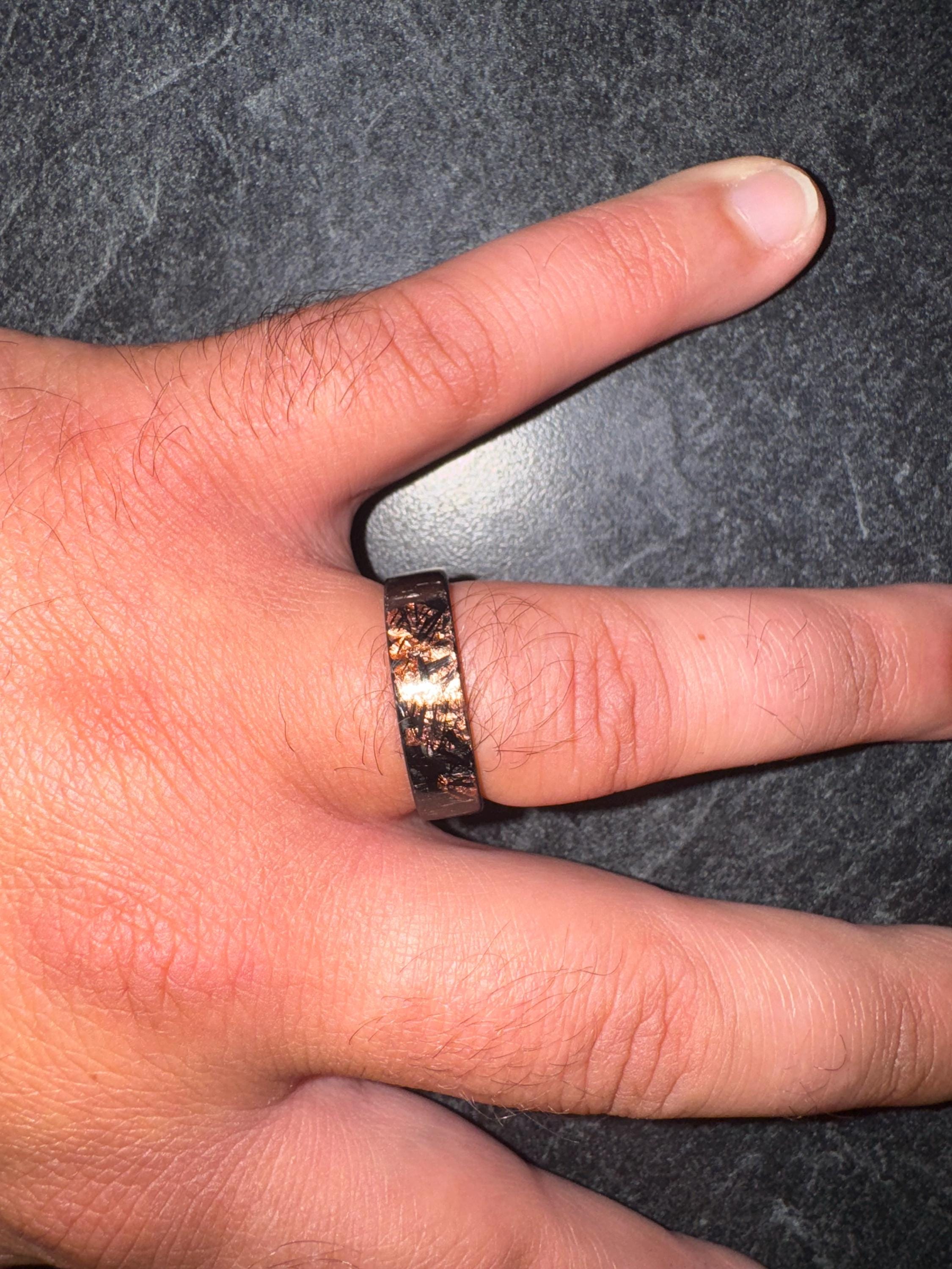 Polished Copper Chopped Carbon Fiber Lined With Damascus Steel. Forged Carbon Fiber. Men's Black Wedding Ring. Exclusive Men's Wedding Band.