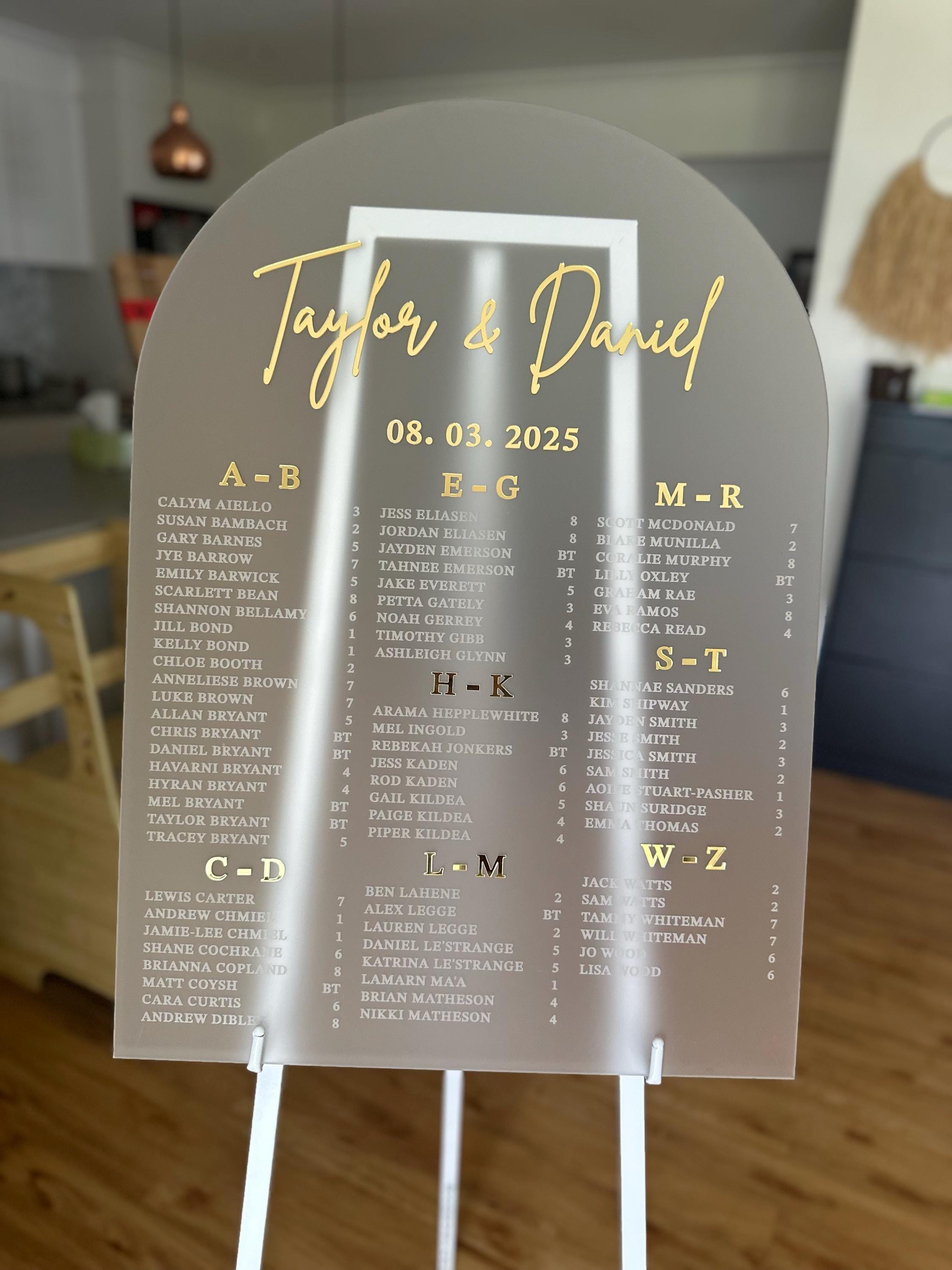 Sitzplan für die Hochzeit – Acryl-Sitzplan – Tisch-Sitzplan – Alphabetischer Sitzplan – Sitzplanschild