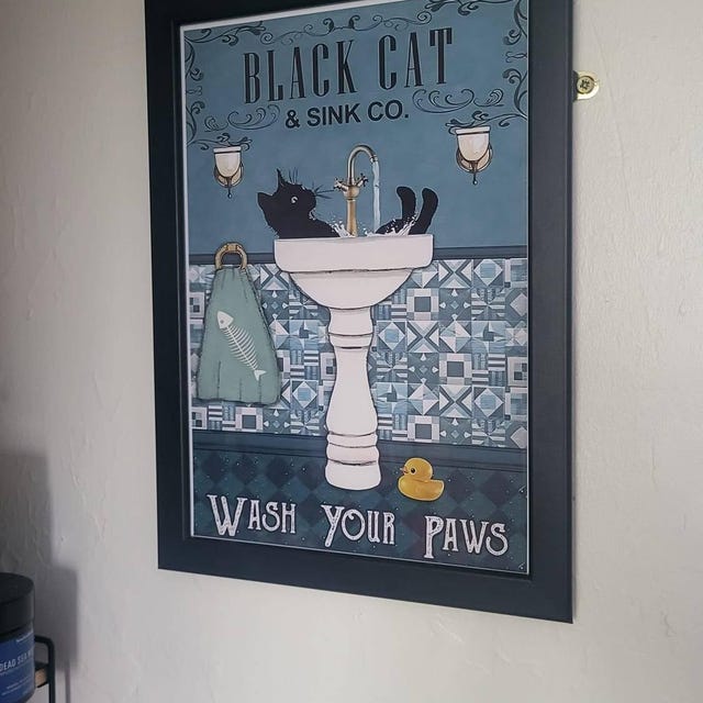 Cartello Divertente In Latta Wash Your Paws - Gatto Nero, Vintage 30x20 Cm, Decorazione Per Bagno, Bar, Casa, Regalo Ironico