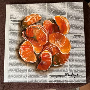 タンジェリンの絵 オレンジの絵 オリジナル油絵 柑橘類の絵 新聞紙