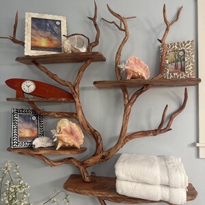 木の枝の本棚、壁に浮かぶ棚、無垢材の本棚、流木の壁アート、リビング