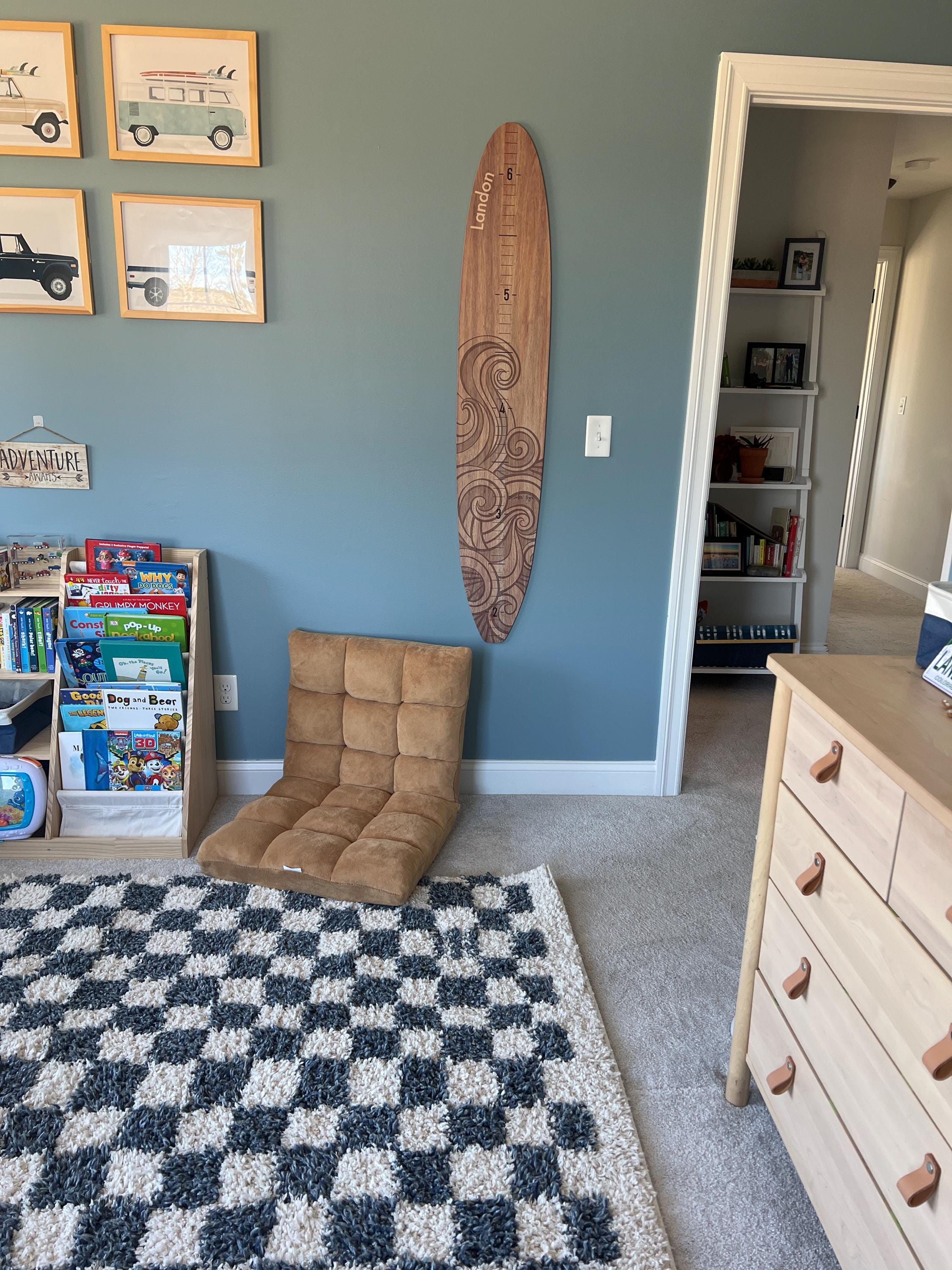 Surfbrett-Wachstumskarte, Holz-Höhentafel, Ozean-Dekor, Kinderzimmer-Dekor, Küsten-Kinderzimmer-Dekor, Surfbrett-Wandkunst, Strand-Themen, Junge, Mädchen, Lineal
