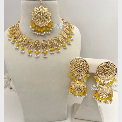 Royal Pearl Jadau Choker Necklace with Rani Haar and Charming Earrings Tika Set