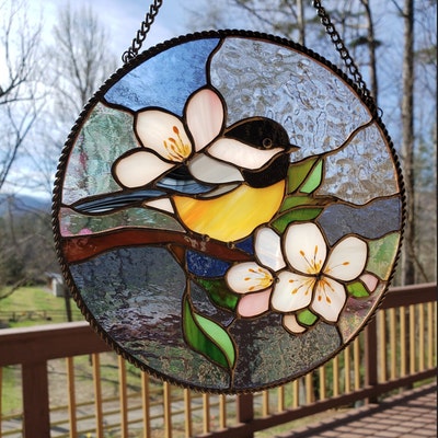 Chickadee Stained Glass Window Hangings Nature Lover Gift Stained Glass Birds Suncatcher Christmas Gift Stained Glass Chickadee Ornament