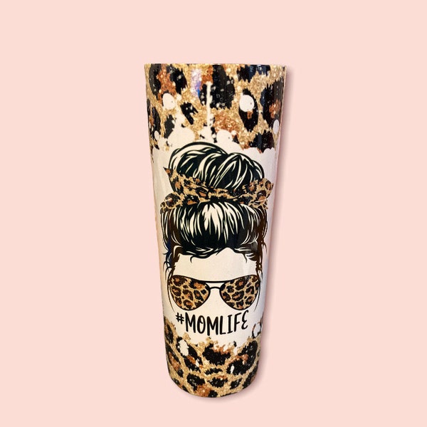 20 OZ Glitter Leopard Mom Life Messy Bun Skinny Tumbler Design ...