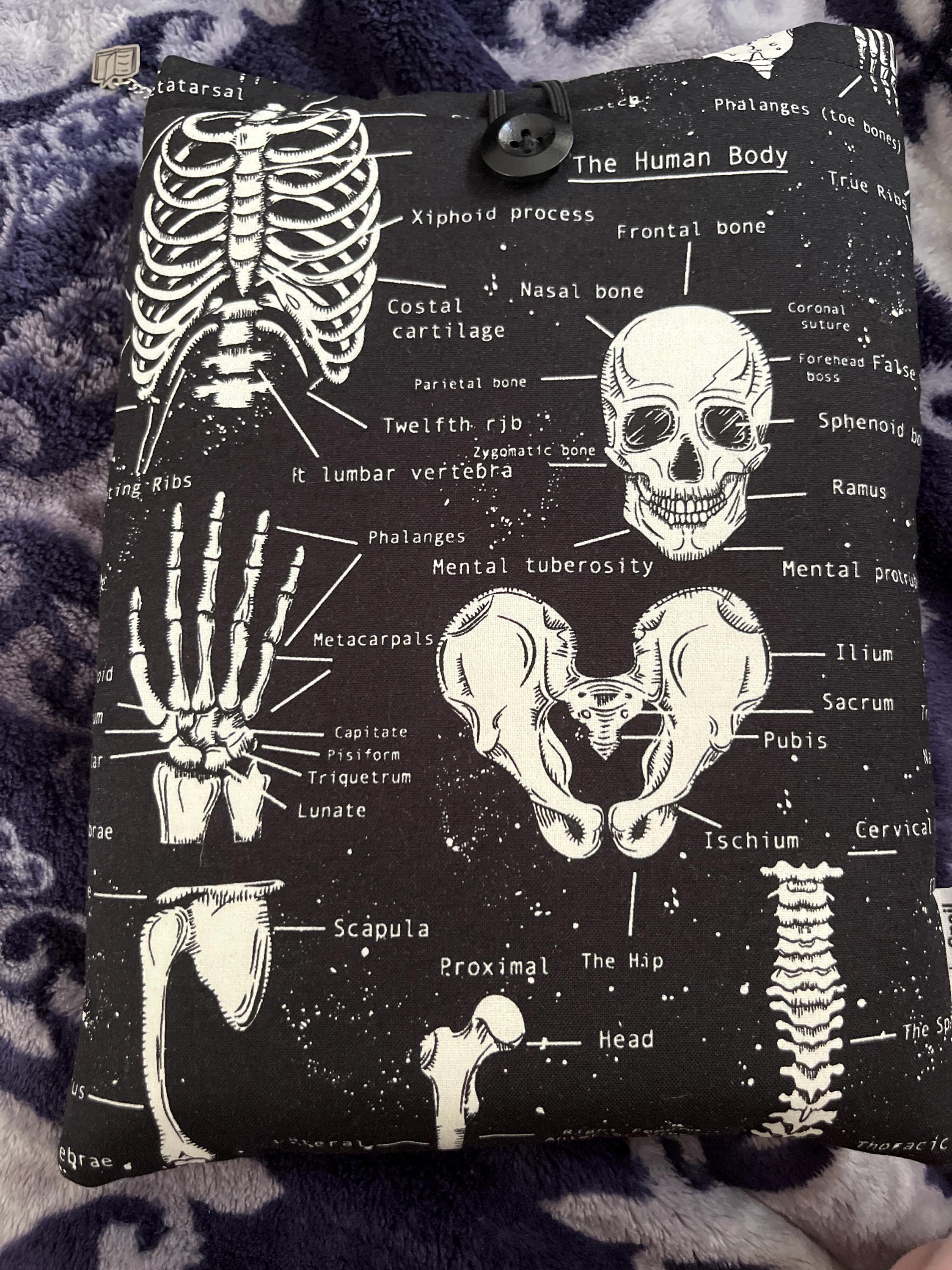 Book Sleeve Dark Academia, Skeleton Booksleeve, Anatomy Book Protector, Large Book Pouch, Padded Kindle Sleeve, Halloween Book Cover