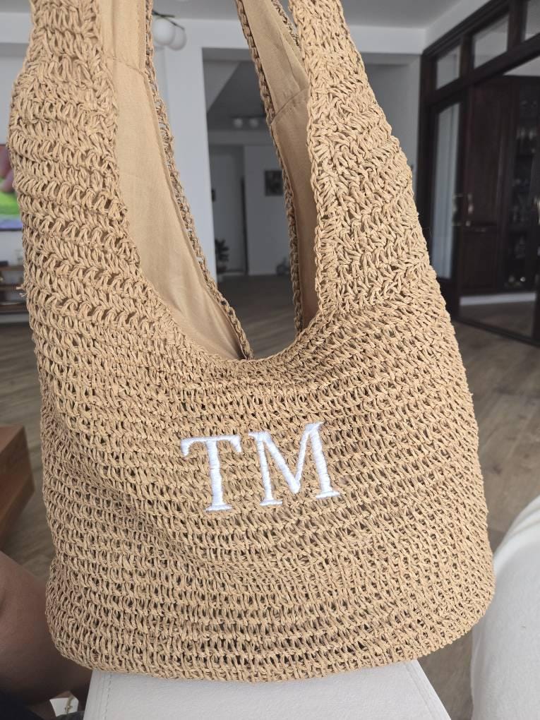 Custom Straw Raffia Beach Bag – Personalised Name or Initials – Monogram Bridesmaid Tote – Summer Shoulder Shopper – Beach Wedding Gift