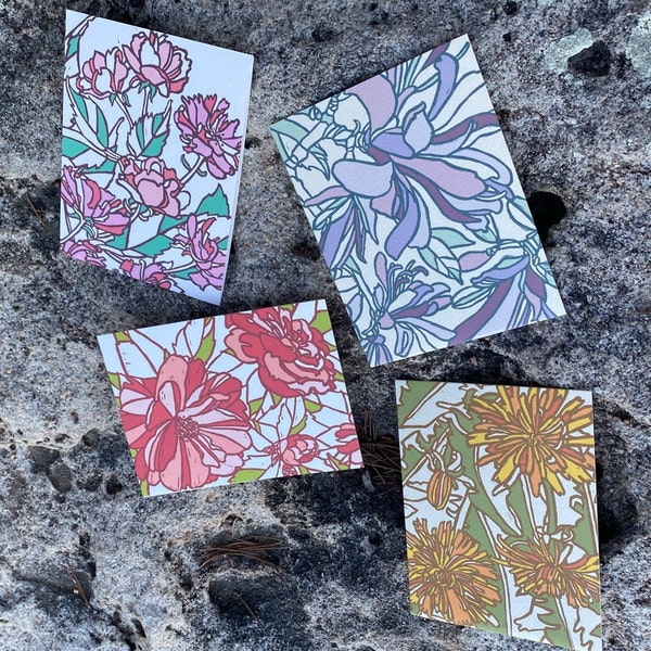 Assorted Flower Art Note Card Set, Botanical Greeting Card Set of 8 ...