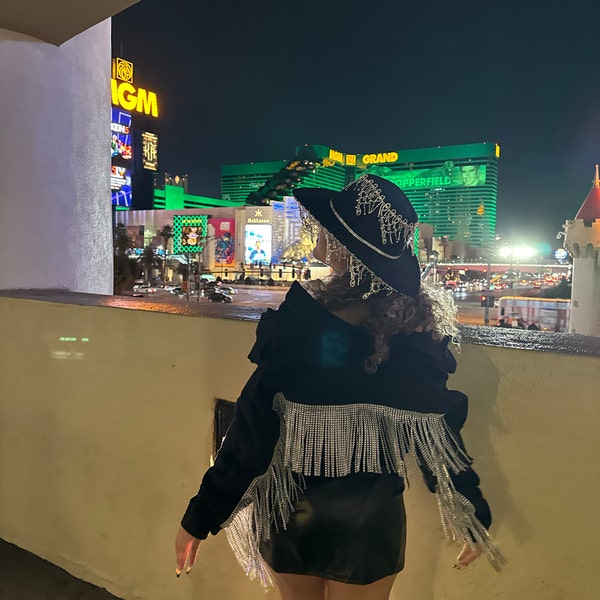Girls Distressed Rhinestone Fringe Jean Jacket