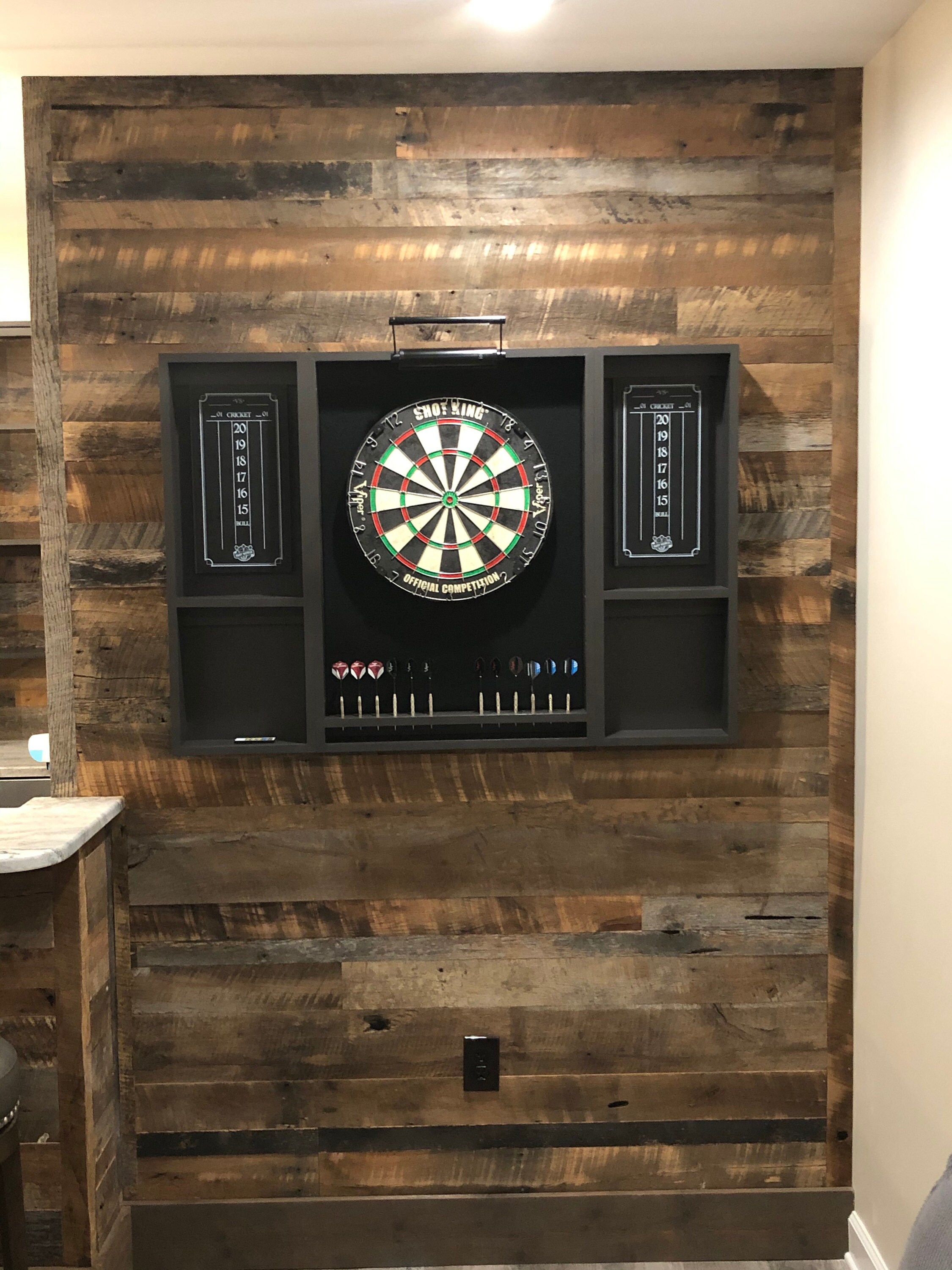 Makes a great fathers day gift  Our best selling Black dartboard cabinet with a Dartboard, darts, led light. and 2 scoreboards.