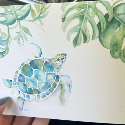 Pack of 10 Folded Cards With White Envelopes Watercolor Sea Turtle by ...