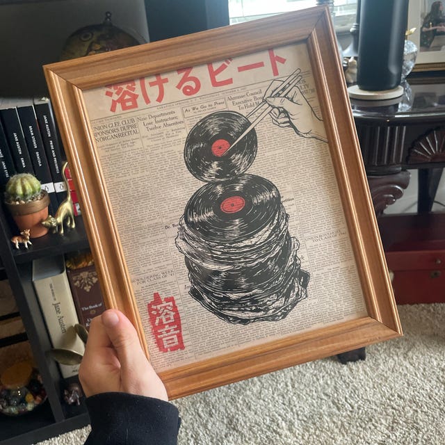 Japanese Retro Music Poster: Melting Vinyl Record Newspaper Print